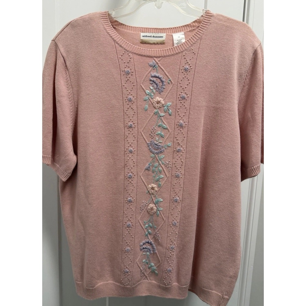 Alfred Dunner Women's 1X Plus Pink Floral Knit Crew Neck Short Sleeve Pullover